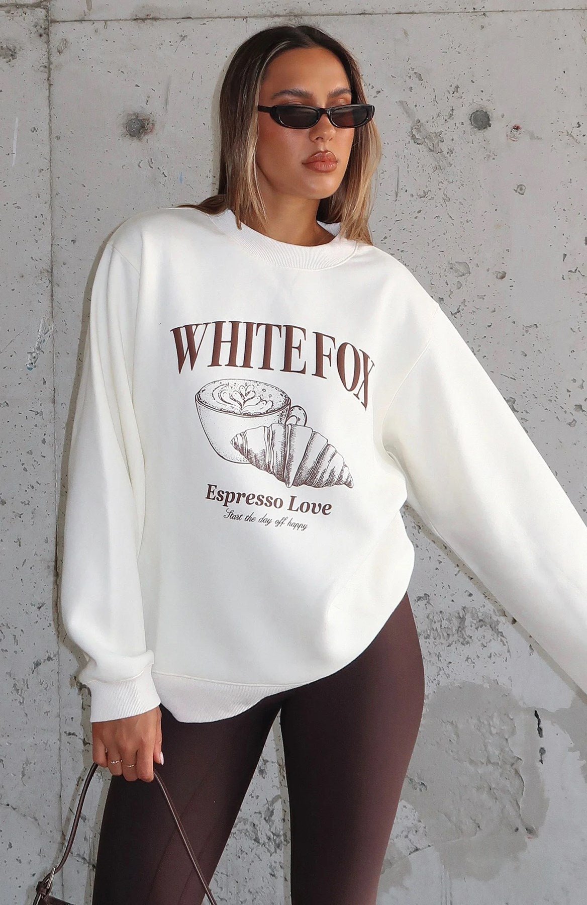 White Fox Krem Kadın Espresso Love Yazılı Bisiklet Yaka Oversize