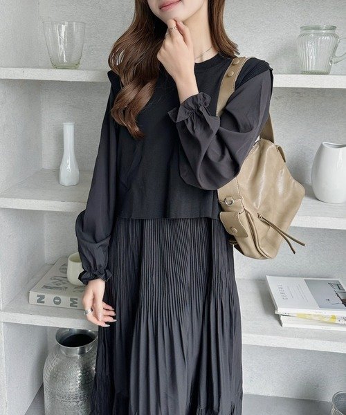 COCOMOMO ワンピース バックリボンベスト付き プリーツワンピース