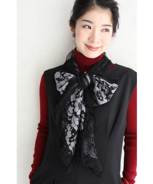 cawaii ストール マフラー （黒）浮かぶ花柄の起毛レースストール